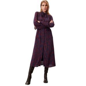 Jason Wu Size 6 Dark Blue Red Floral Chiffon Long Sleeve Midi Dress MSRP $575